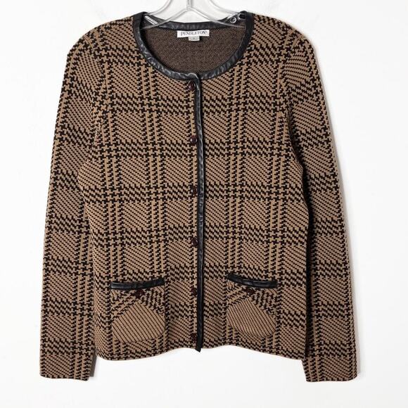 Pendleton Women's Wool Cardigan Sweater S Herringbone Plaid Brown Leather Trim - Picture 1 of 6